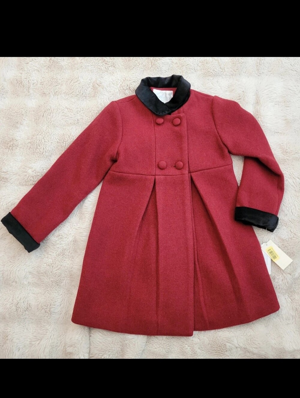 EDGEHILL COLLECTION Burgundy Double-Breasted Wool Blend Coat with Black Trim